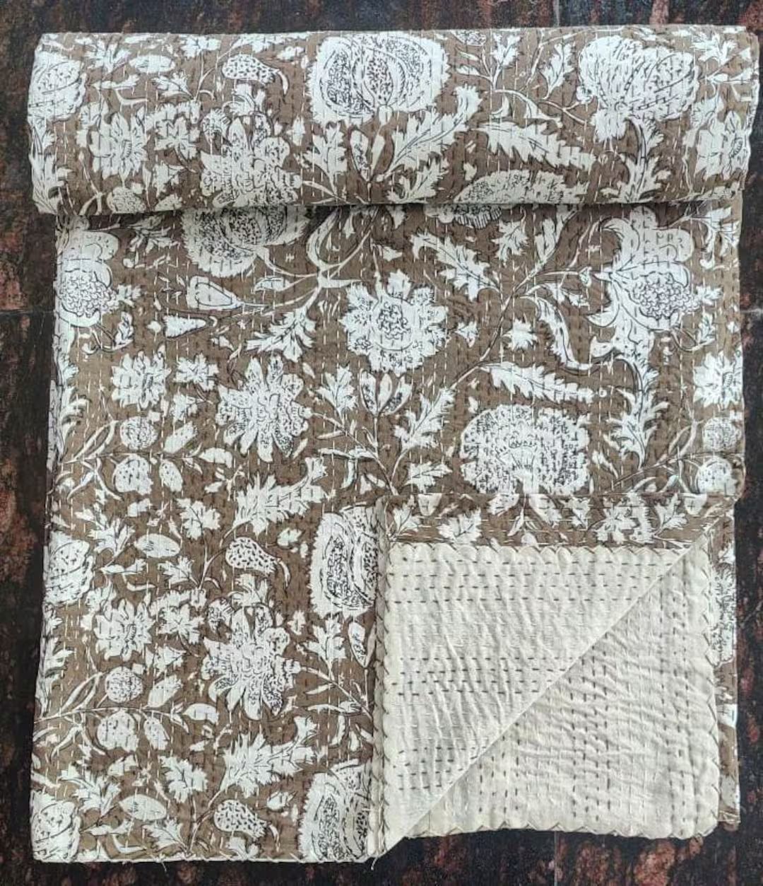 Chocolate Brown Floral Amanda Quilt Handblock Print Floral Kantha Indian Throw Bedspread Indian I... | Etsy (US)