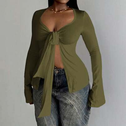 1pc Women Solid Color Front Knot Long Sleeve Split Hem T-Shirt, Suitable For Autumn | SHEIN