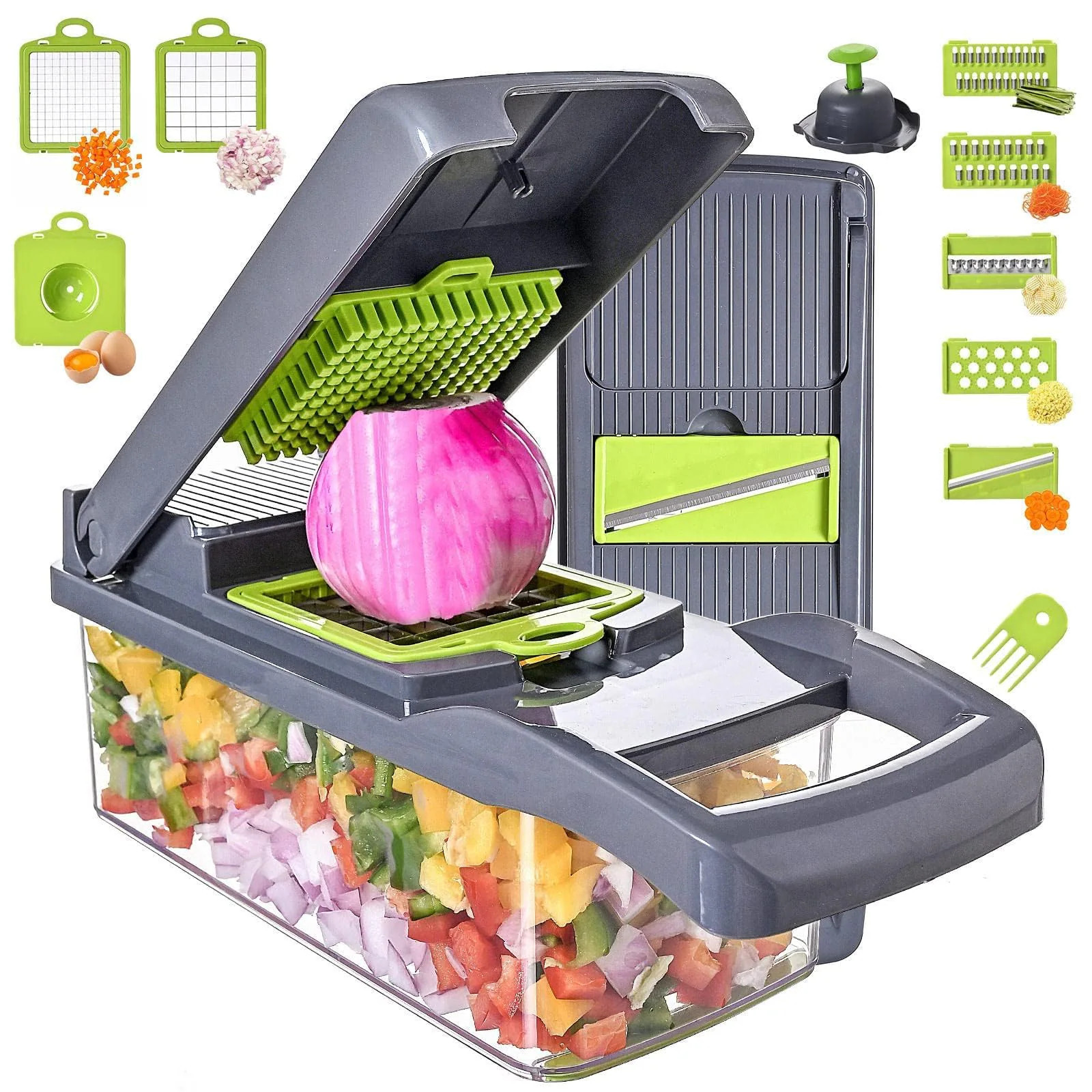 DHMHD Vegetable Chopper Slicer 13-in-1 with Hand Pull String Onion Chopper and Seven Blades Veggie Dicer Fruit Cutter durable home and garden | Lowe's