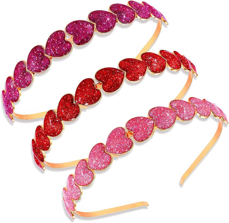 PHALIN 3PCS Valentine’s Day Heart Headbands for Women Glitter Rhinestone Heart Hairbands Sweet ... | Amazon (US)