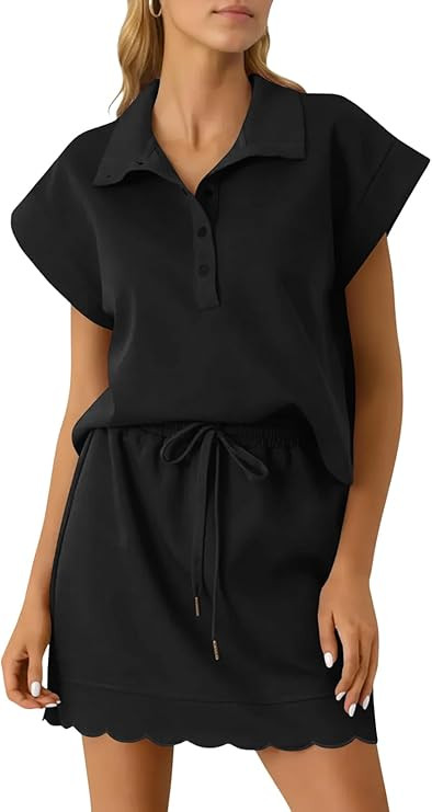 Wenrine Two Piece Skirt Sets for Women Summer Lapel Short Sleeve Top Mini Skirt Short Set Dressy ... | Amazon (US)