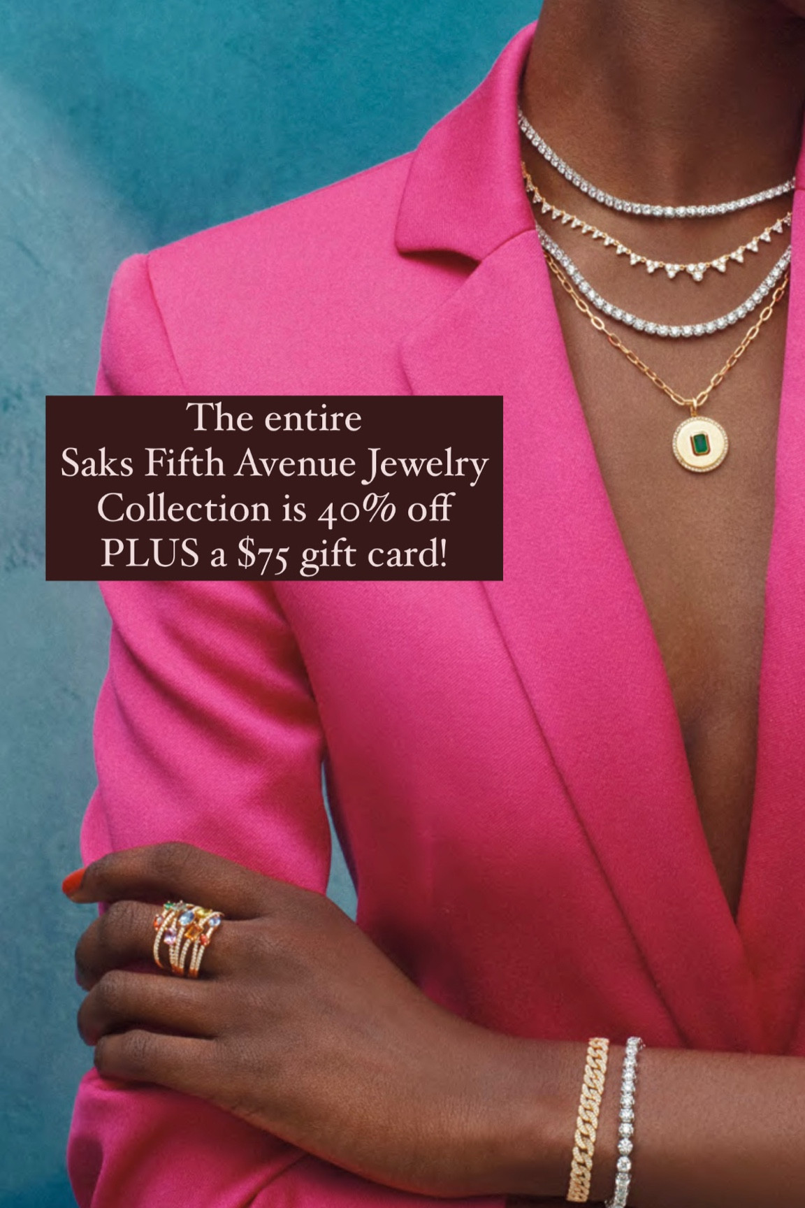 The entire Saks jewelry collection is 40% off right now PLUS a $75 gift card! 14k fine jewelry in yellow and white gold. Shop diamond tennis necklaces, tennis bracelets, gold hoops, gemstone jewelry, diamond studs and more for Black Friday  

Layered necklaces
Bracelet stack
Diamond ring
#sakspartner
#saksteam

#LTKStyleTip #LTKCyberWeek #LTKSaleAlert
