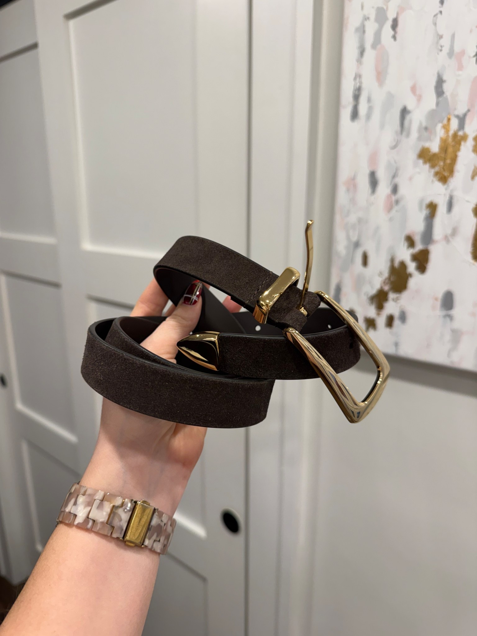 Brown suede belt with gold hardware! Wearing a medium. 

 #LTKGiftGuide #LTKSeasonal #LTKMidsize