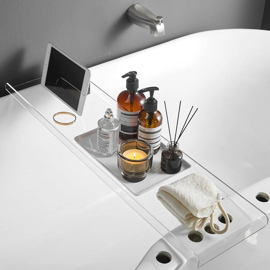 Clear Bathtub Tray Caddy, Bath Tub Rack Shelf, Luxury Bathroom Organizer Tablet Holder, Acrylic S... | Amazon (US)