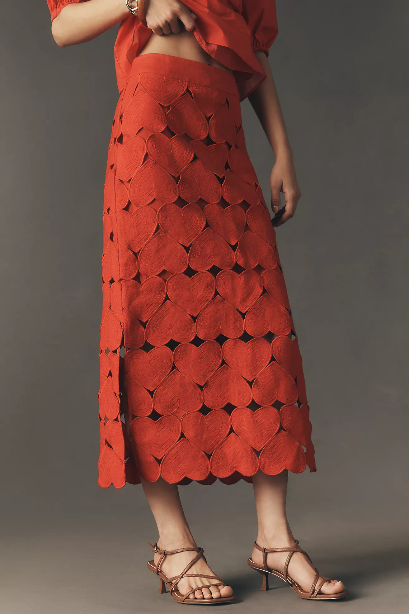 Farm Rio Cutout Hearts Linen Midi Skirt | Anthropologie (US)