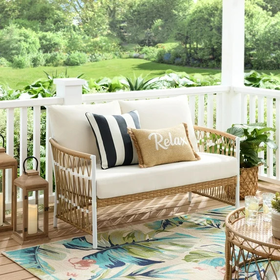 Better Homes & Gardens Lilah Outdoor Wicker Loveseat with White Cushions | Walmart (US)