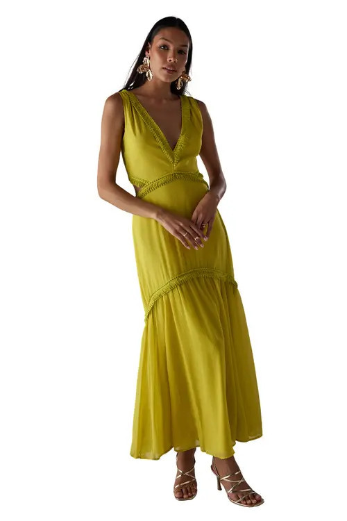 Warehouse Chiffon Fringe Trim Cut Out Maxi Dress in Chartreuse at Nordstrom, Size 4 | Nordstrom