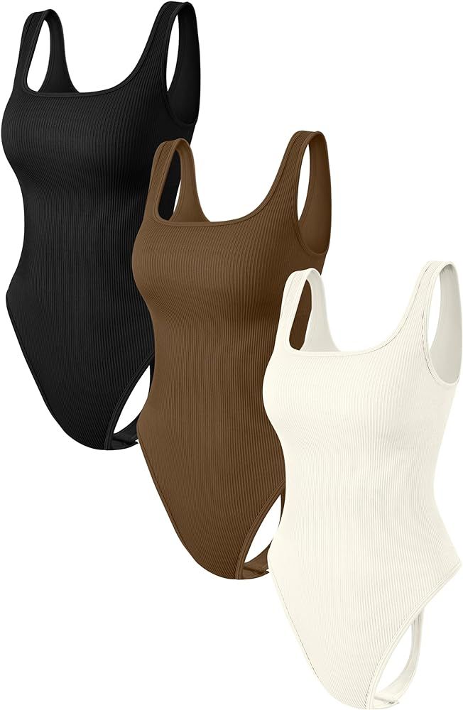 OQQ Women's 3 Piece Bodysuits Sexy Ribbed Sleeveless Square Neck Stretch Tank Tops Thongs Bodysui... | Amazon (US)
