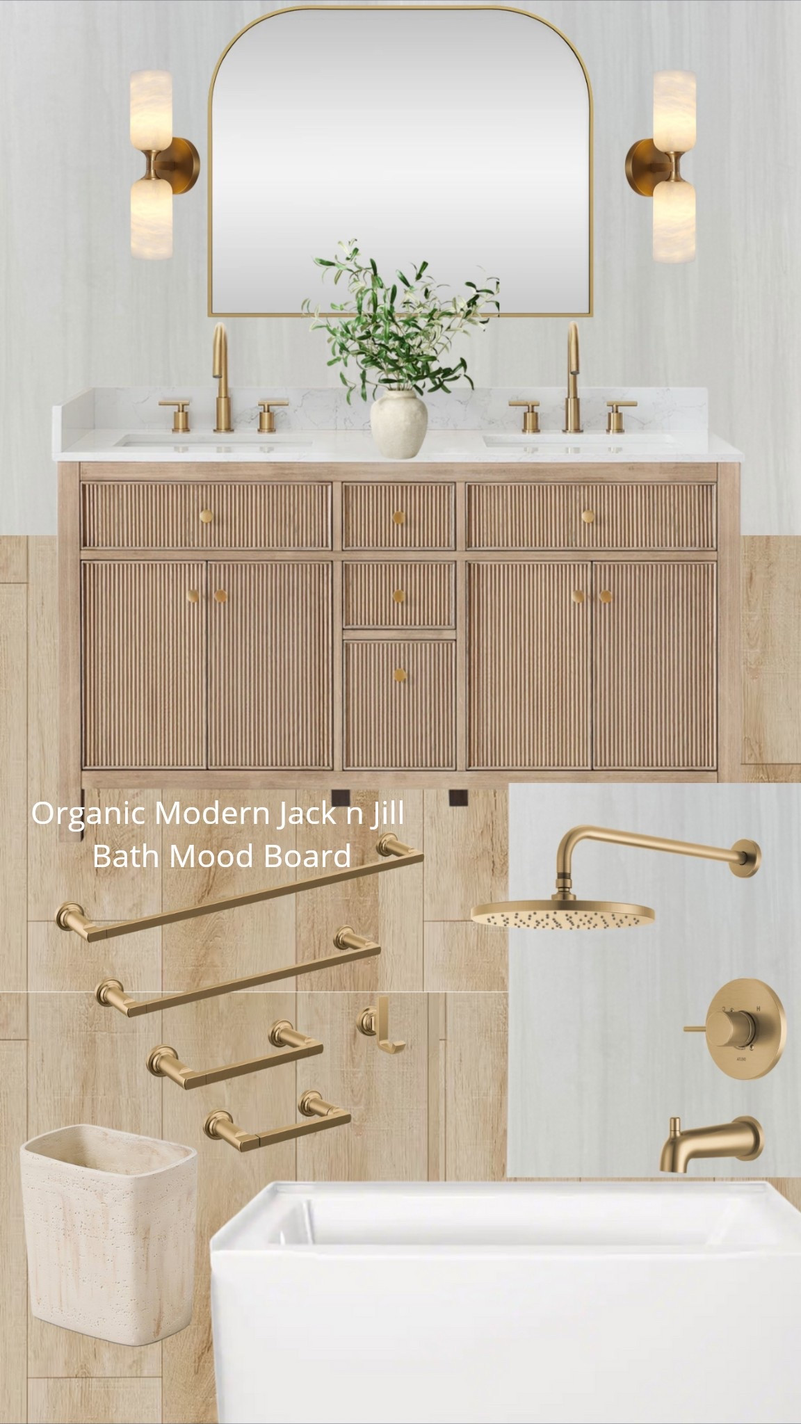 Modern organic girls jack n Jill bathroom remodel

Porcelain tile
Wood look tile
White Oak vanity 
Brass bath accessories
Bathroom sconces 
Greenery 

#LTKHome #LTKStyleTip #LTKSaleAlert