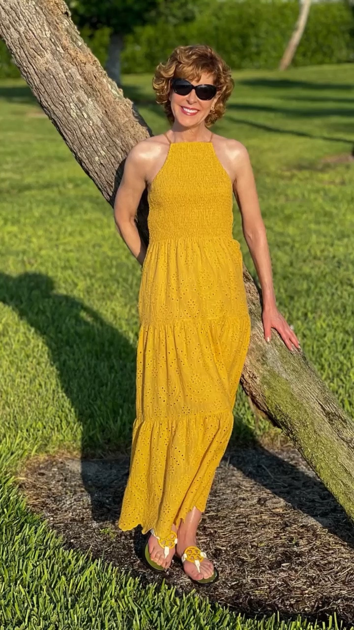Fall dress, eyelet dress, midi dress, maxi dress, gold dress, yellow dress, halter top dress, gold sandals, yellow sandals, green sandals, gameday look, tory Burch earrings

This eyelet dress is so special! It has a flattering halter neckline and a long maxi skirt. (The XS is ankle
length on my 5’5” frame.) I paired it with Tory Burch Miller sandals in green and gold and Tory Burch crystal embellished logo earrings.

This dress would be beautiful for a fall wedding. Add a beautiful wrap or cardigan and heels and you’re good to go!

#LTKshoecrush #LTKwedding #LTKSeasonal