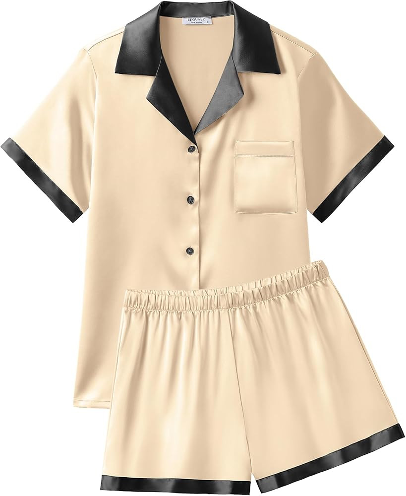 Ekouaer Silk Pajama Sets Silky Short Sleeve Pajamas Satin 2 Piece Pajama Set Button Silk Pj Set S... | Amazon (US)