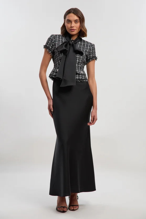 Boucle Tailored Tie Neck Satin Mix Midi Dress | Karen Millen UK + IE + DE + NL