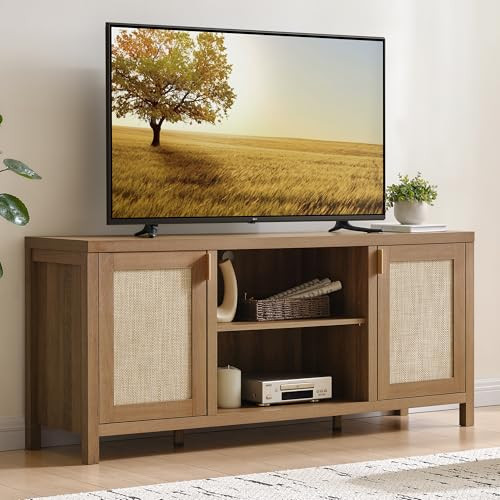 SICOTAS TV Stands for Living Room 59" Rattan TV Console with Storage | Amazon (US)
