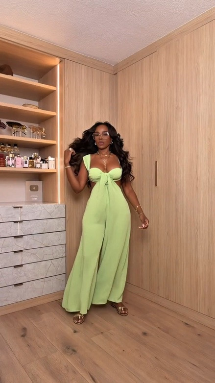 Hi Babes! 💚✨

This lime green jumpsuit is giving vacation glam in the best way! Flowy, flattering, and such a statement piece for your next getaway.

Fit Details:
• Lime green wide-leg jumpsuit
• Gold slide sandals
• Gold layered jewelry
• Neutral sunglasses

Perfect for:
• Vacation dinners
• Resort wear
• Summer parties
• Brunch
• Tropical getaways

Everything is linked below!

xx, Kira | IG: KirasFashionFinds

Measurements: 5'3" | Wearing Size XS