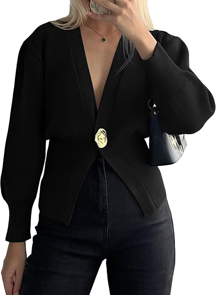 Womens Cropped Cardigan Sweaters V Neck Long Sleeve One Button Open Front Sweaters Knit Outwears | Amazon (US)