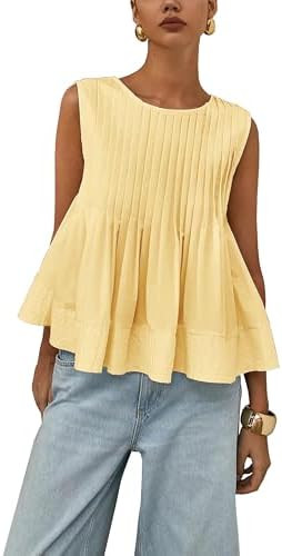 Womens Summer Tank Tops Pleated Babydoll Tops Sleeveless Peplum Casual Blouse T Shirts | Amazon (US)