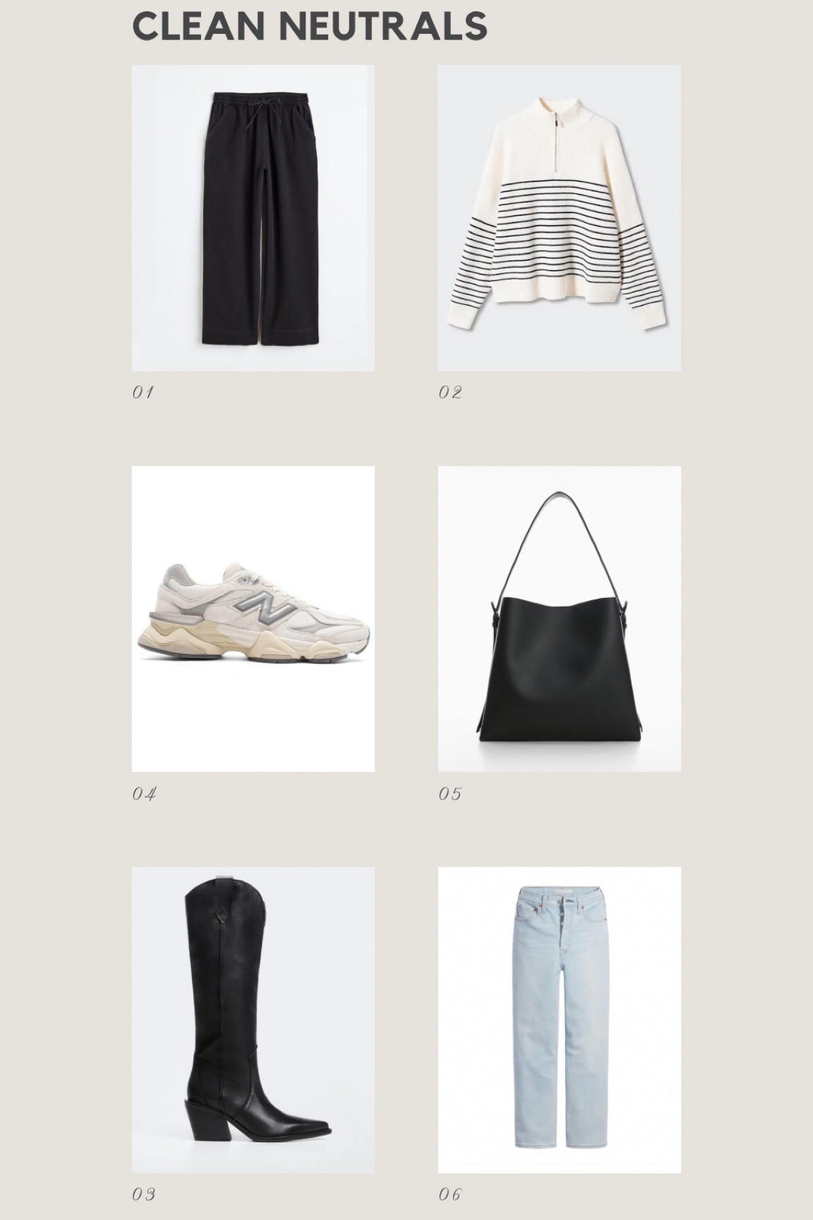 UNDER $200 // clean neutral outfit. 
Tall cowboy boots, new balance sneakers 

