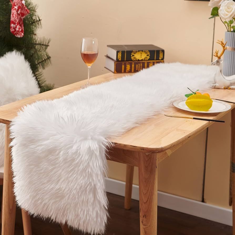 Table Runner, Thanksgiving Modern Small White Fur Table Runner for Party Birthday Christmas Frien... | Amazon (US)