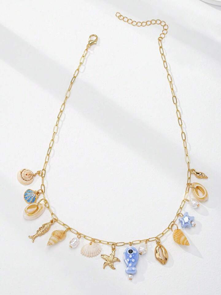 1 Pieza Collar De Múltiples Encantos Con Estrella De Mar, Estilo De Vacaciones De Playa, Bohemio De Verano | SHEIN
