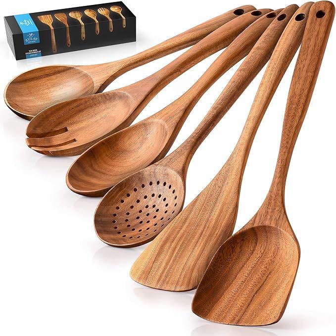 Zulay Kitchen Premium Wooden Utensils For Cooking - 6 Pc Set Non-Stick Soft Comfortable Grip Wood... | Amazon (US)