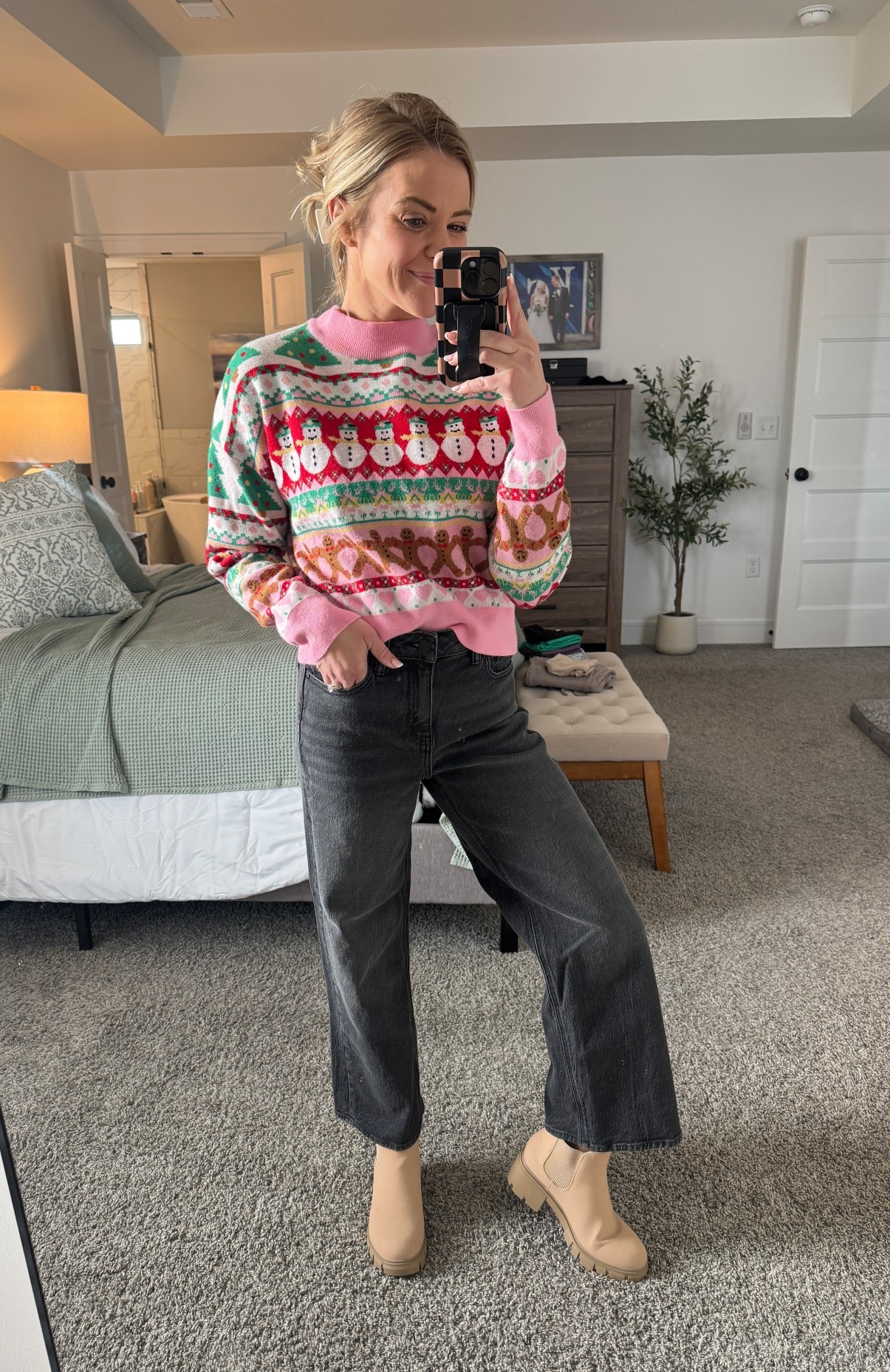 Got this sweater last year from forever 21 I think? Couldn’t find the exact one but linked a few similar / other Christmas sweater ideas 

Pants are quince - shortest inseam & true size (26) - def have some stretch to them and also come in other washes 

Chelsea boots are comfy from Amazon! 

#LTKGiftGuide #LTKPetite #LTKootd