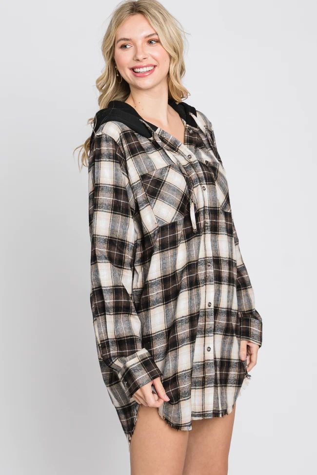 Brown Plaid Button Front Fringe Hem Hooded Top | PinkBlush Maternity