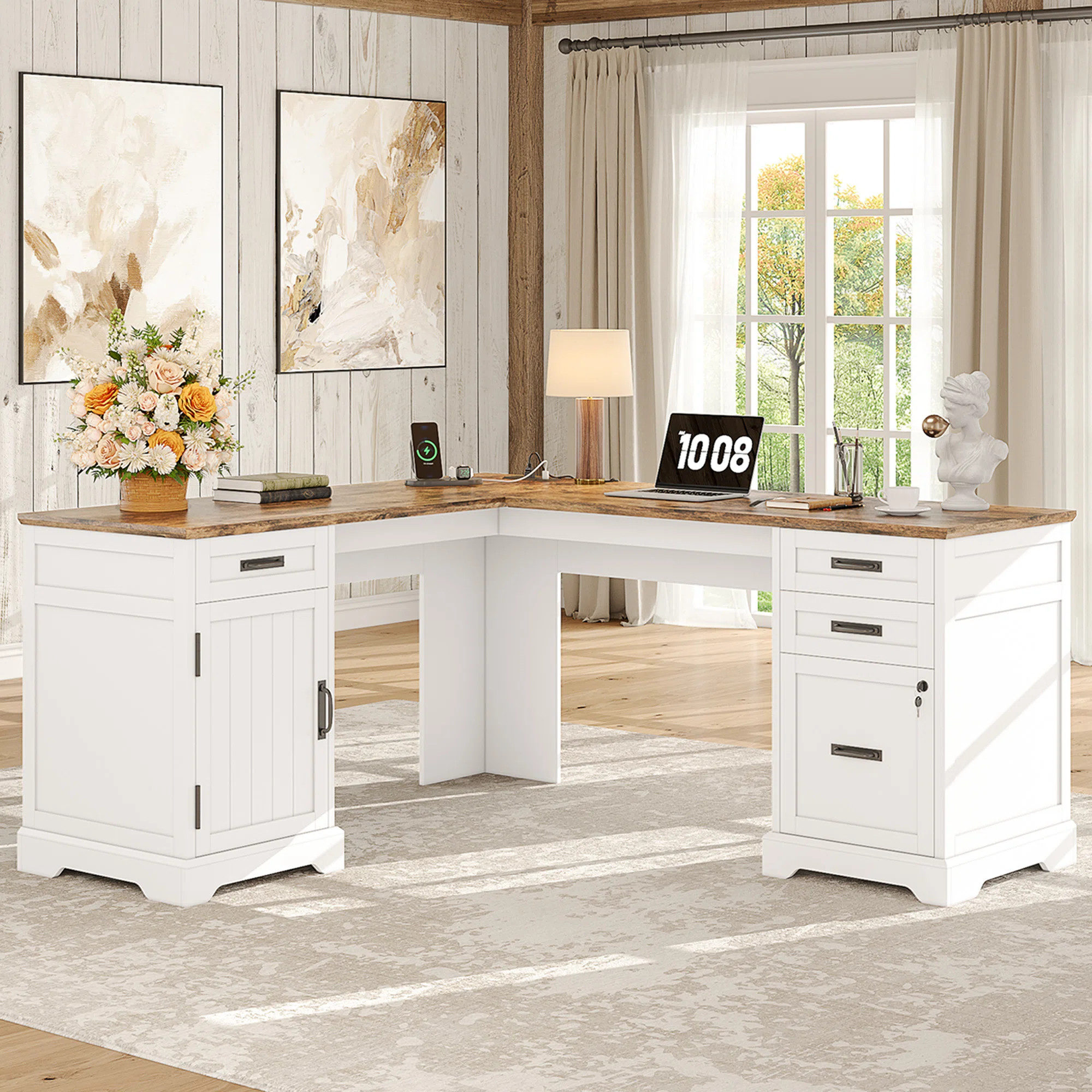 67'' Farmhouse L Shaped Desk with Drawers, Home office Corner Computer Desk with File Storage and... | Wayfair North America