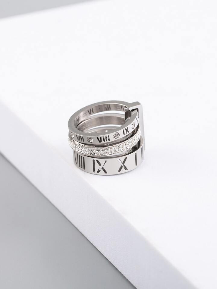 1pc Light Luxury Stainless Steel Three Rings Design Ring With Rhinestone Inlay & Roman Numeral & Hollow Out Pattern For Men's Birthday Gift Jewelry | SHEIN