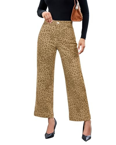 luvamia Wide Leg Jeans Woman Trendy High Waisted Leopard Cheetah Print Ankle Length Stretchy Denim Pants with Pockets Khaki Leopard Size XX-Large US Size 20 22 | Amazon (US)