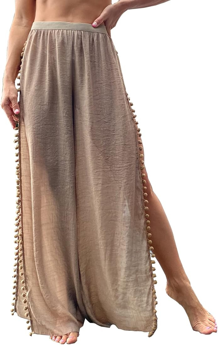 Women Cotton Linen See Through Cover up Pants Bikini Bottom Wide Leg Palazzo Pajamas Trousers | Amazon (US)