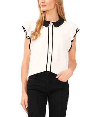 CeCe Women's Contrast Trimmed Flutter Sleeve Blouse - Macy's | Macy's