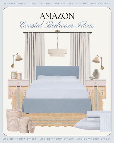 Loving every single detail in this coastal bedroom design board! This gorgeous light blue upholstered bed looks even more beautiful with these cane nightstands, rattan sconces, scalloped jute rug, woven chandelier, blue and white striped bedding, woven hamper, scalloped wicker frames, affordable drapes, wavy marble bowl and other accessories.
.
#ltkhome #ltksalealert #ltkseasonal #ltkfindsunder50 #ltkfindsunder100 #ltkstyletip #ltkfamily #ltkover40 serene bedroom design, beach house bedroom ideas, hola beaches decor, coastal grand decor, grandmillennial decor

#LTKSaleAlert #LTKHome #LTKSeasonal