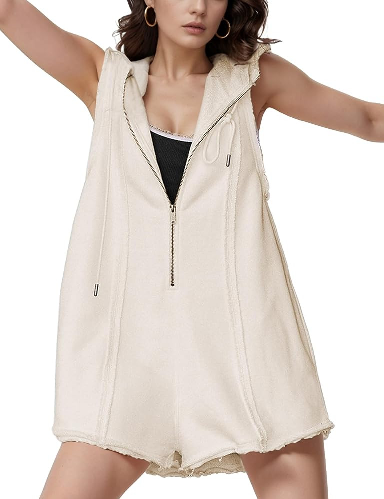 Rompers for Women Athletic Workout Hooded Romper Casual Zip-Front Neck Jumpsuits Overalls with Po... | Amazon (US)