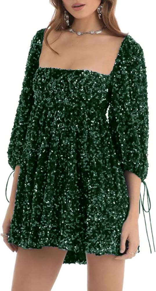 Biayxms Women's Sparkly Mini Dress Short Sleeve Round Neck Tiered Tunic Dress Glitter Concert Par... | Amazon (US)