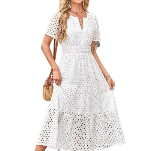 WAMIZEU Eyelet Midi Dress for Women,Summer V Neck Maxi Dresses Eyelet Smocked Tiered A Line Flowy Long Dress with Pockets (White,X-Small) | Amazon (US)