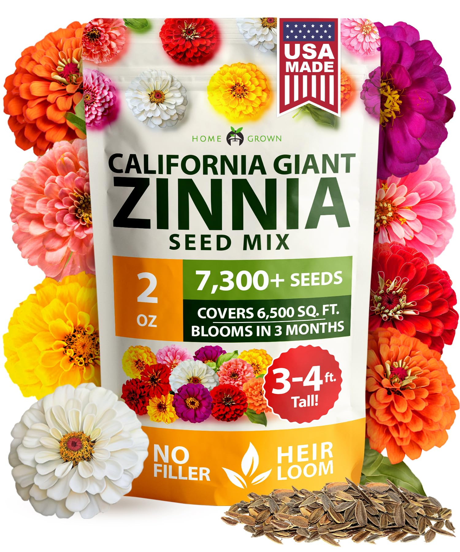 HOME GROWN Zinnia Seeds for 2026 - California Giant Mix - 7,300+ (2 oz) 𝗡𝗢𝗡-𝗚𝗠𝗢 𝗨𝗦𝗔 Plant Wildflower Blooms – Bulk Seeds for Planting Flowers Outside - Pollinator Gardens (Zinnia elegans) | Amazon (US)