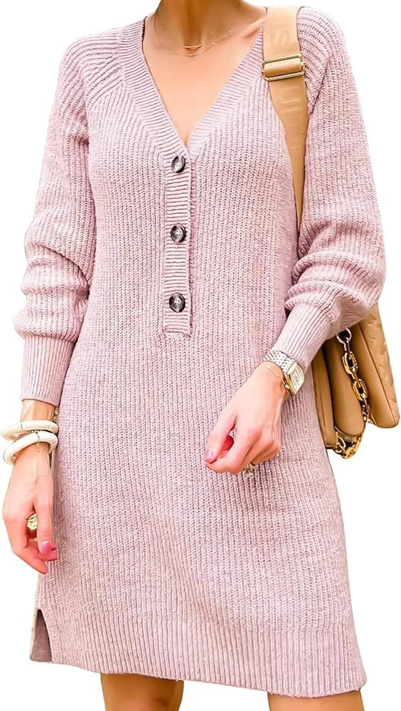lilima Women V Neck Knit Midi Sweater Dress Losse Casual Button Down Long Lantern Sleeve Fall Win... | Amazon (US)