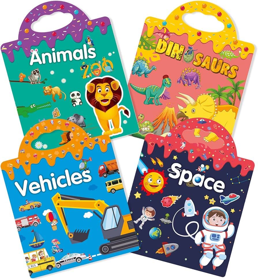 Reusable Sticker Book - 4 Sets Sticker Pads - Animals, Dinosaurs, Space, Vehicles, Removable Stic... | Amazon (US)