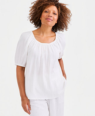 Women's Cotton Gauze Puff-Sleeve Top | Macy's