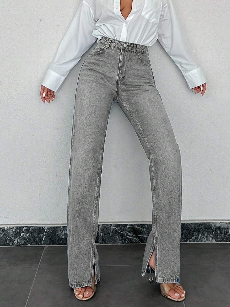 SHEIN Cottnline Straight Leg Jeans With Slit Hem | SHEIN