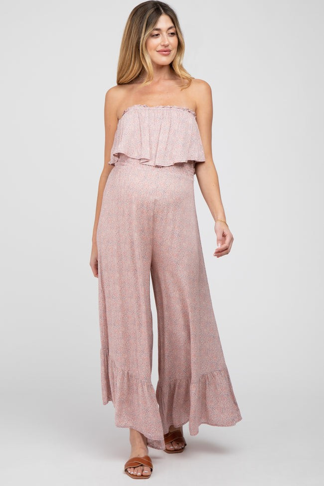 Mauve Floral Strapless Ruffle Hem Maternity Jumpsuit | PinkBlush Maternity
