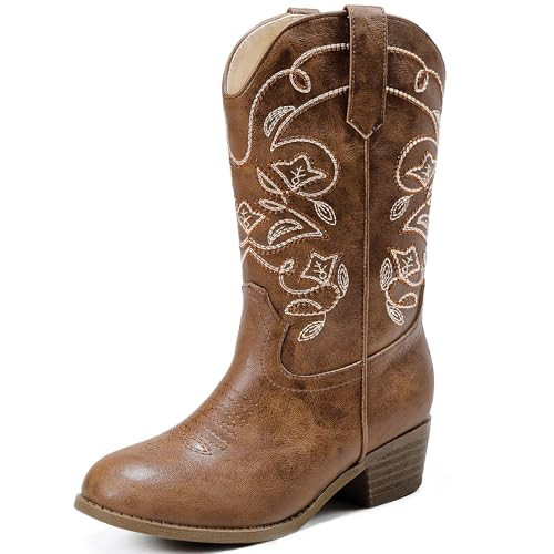 LAURMOSA Youth Cowgirl Boots for Girls Brown Cowboy Boots Size 11 Mid Calf Pointed Toe Embroidered Classic Kids Horseback Riding Boot Party for Toddler Kids(L1051Brown 11) | Amazon (US)