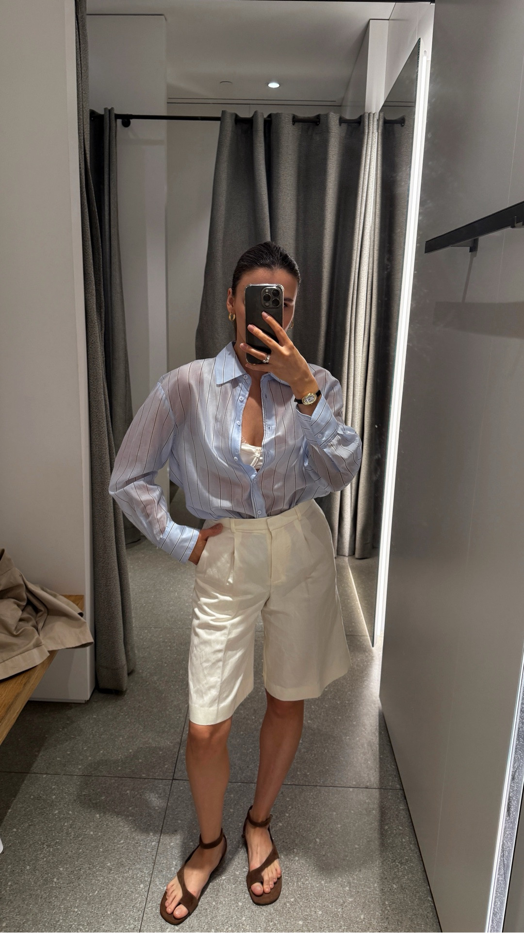 Everyday outfit 🤍

These classic Bermuda shorts turned out to be sooo comfortable! The shirt is super light and comes in the prettiest soft blue shade.
My usual size is XS/S (34/36) — I’m wearing the Bermuda shorts in XS and the shirt in XS.

The sandals are incredibly comfortable and don’t rub at all — the straps are really soft!
My usual size is EU 38.5, and I took the sandals in EU 39.
#LTKsummer #LTKstyle #LTKdatenight #LTKshirt #LTKbermudashorts

#LTKootd