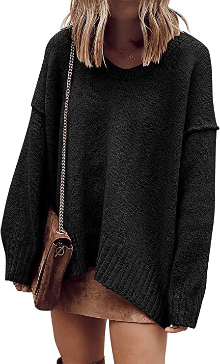 ANRABESS Women’s Casual Long Sleeve V Neck Off Shoulder Loose Baggy Comfy Knit Pullover Sweater... | Amazon (US)
