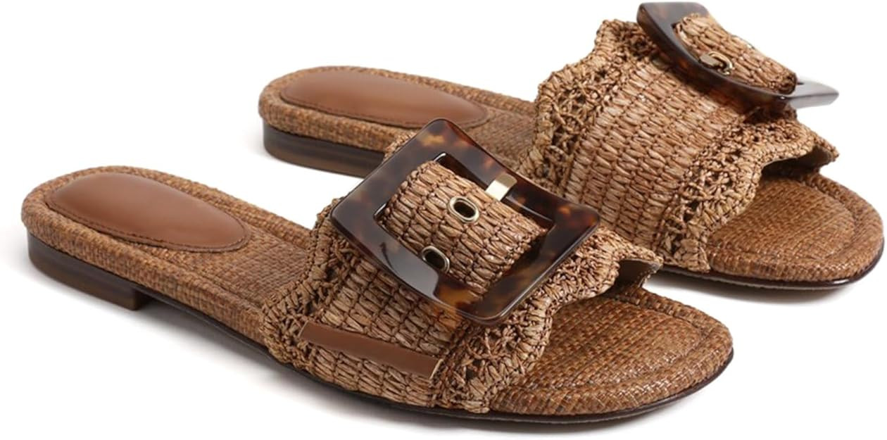 Raffia Sandals for Women Buckle Straw flats Woven Braided Rattan Slides Summer Beach Sandals Comf... | Amazon (US)