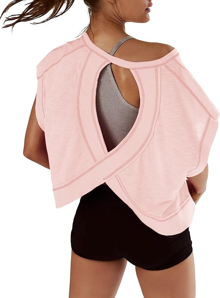 Women Short Sleeve Workout Shirts Open Back Tops Casual Yoga Y2k Athletic Gym Slouchy Crop Runnin... | Amazon (US)