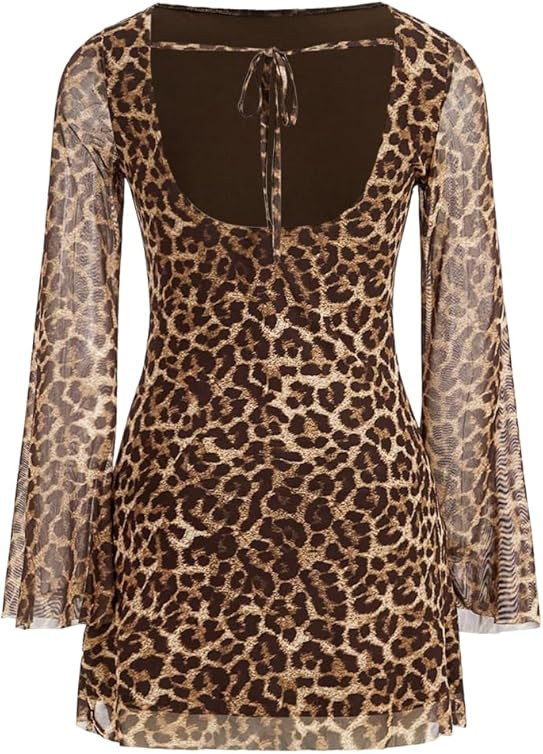 GORGLITTER Women's Cheetah Leopard Print Dress Y2k Backless Mesh Long Sleeves Bodycon Mini Dresse... | Amazon (US)