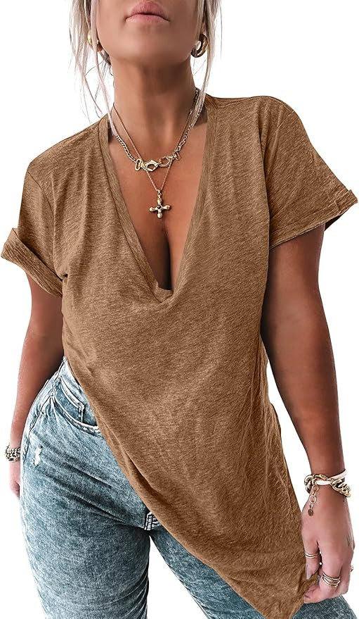 Tankaneo Womens Deep V Neck Short Sleeve T Shirts Side Slit Oversized Summer Loose Tunic Top | Amazon (US)