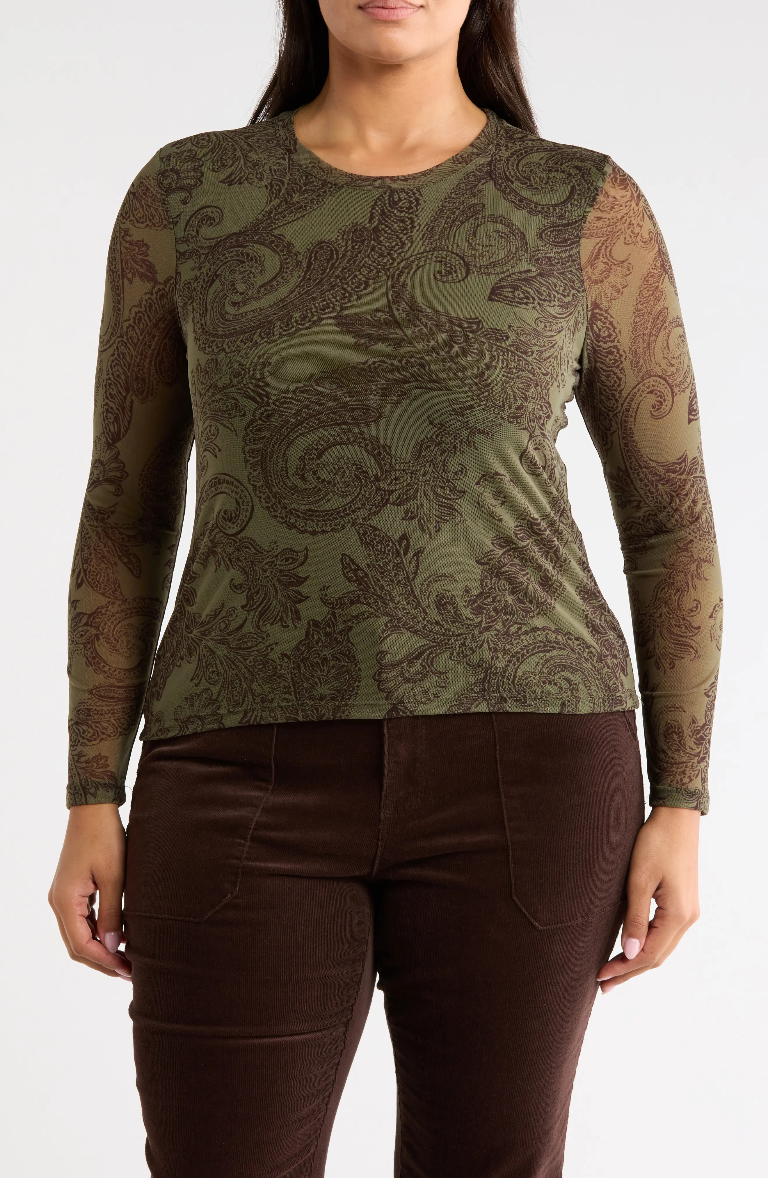 Sanctuary Sheer Mesh Long Sleeve Print Top in Fatigue Green at Nordstrom Rack, Size 3X | Nordstrom Rack