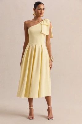 Meria | Lemon Asymmetric-Neck Midi Dress With Bow-Sleeve | Club L London